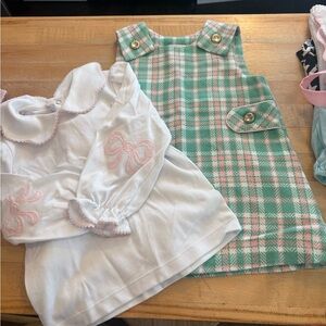 The Beaufort Bonnet Company Mint and Pink Plaid Pinafore with White Bow Top